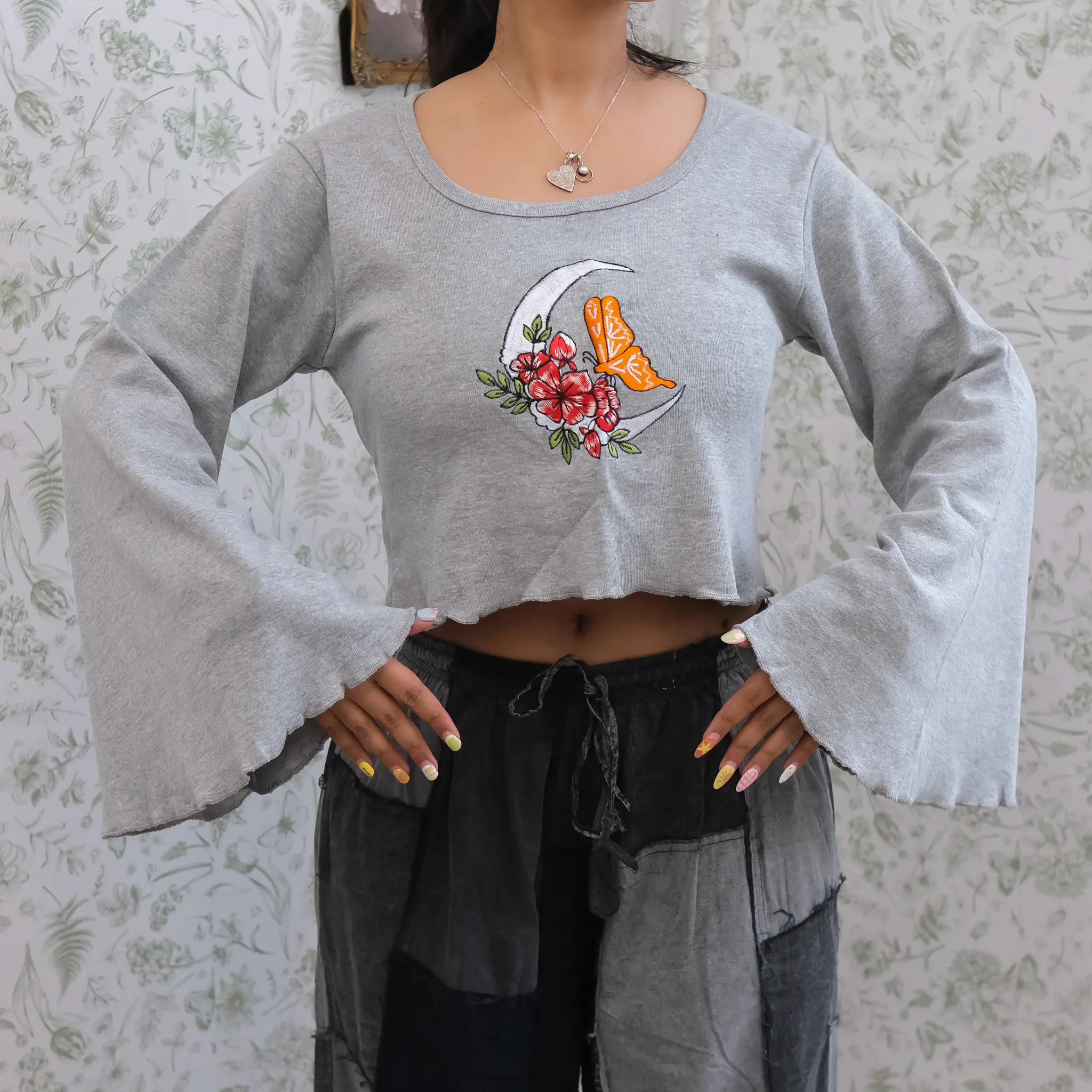 Boho Ribbed OrganicCotton Crop TopWith Bell Sleeve, Witchy Sweat Shirt, Butterfly Hand Embroidery, Whimsy  Goth Fall Winter Pixie Sweater ,Goth Fashion