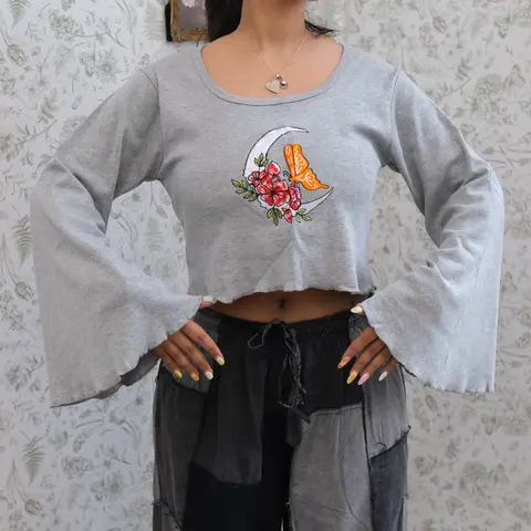 Women's Boho Ribbed Organic Cotton Crop Sweatshirt - Long Bell Sleeves, Butterfly Hand Embroidery, Casual Whimsical Fitted Clothes for Women, Fall Winter Goth Witchy Pixie Style