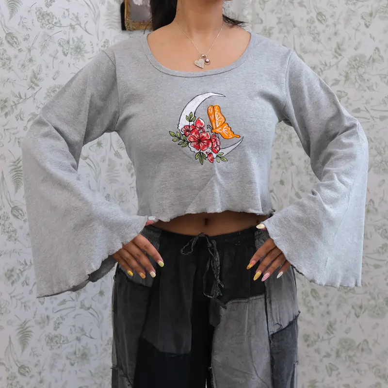 Women's Boho Ribbed Organic Cotton Crop Sweatshirt - Long Bell Sleeves, Butterfly Hand Embroidery, Casual Whimsical Fitted Clothes for Women, Fall Winter Goth Witchy Pixie Style
