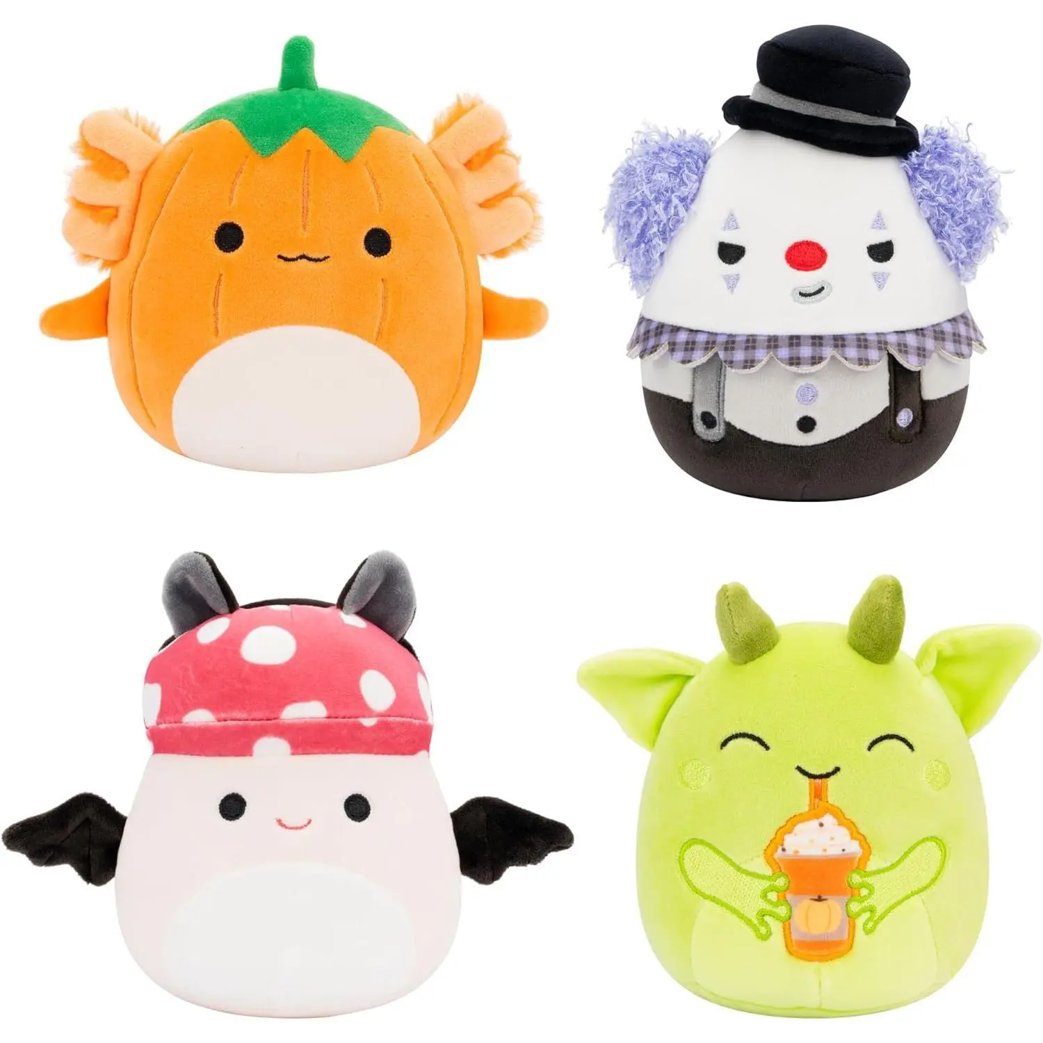 Squishmallows Original 5-Inch Halloween 4-Pack – Gabin Pumpkin Axolotl, Fitzy Goblin Holding Latte, Malcolm Bat Mushroom, Ms. K Purple Clown – Official Jazwares Plush (Little)