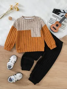 Boys' Fashion Two-Piece Set, Colorblock Long Sleeve Top & Solid Pants, Preppy Style, Perfect for Fall Winter, Trendy Boys Clothing, Clothes Kids