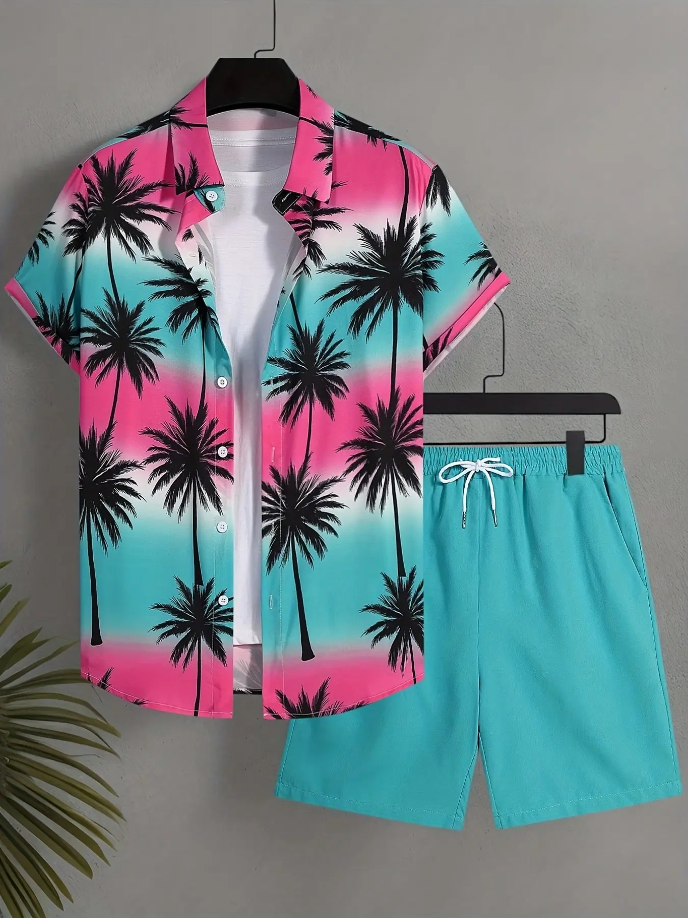Men's Hawaiian Tropical Style Short Sleeve Breathable Shirt Set, Palm Tree Print Beach Casual Two-Piece, Shorts Summer, All Seasons, Outfit