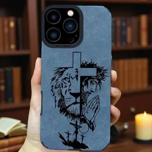 Jesus Lion Cross Leather Design Phone Case for iPhone 17 Pro Max 16 15 14 13 12 11 X XS MAX PLUS AIR Anti-Drop Protection Stylish Elegant Look