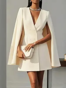 Women's Elegant Solid Color V-neck Double-breasted Cape Blazer Dress Spring/Summer Party Outfit 2-piece Set Elegant and Sophisticated for Women