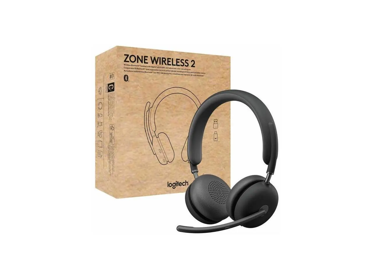 Logitech Zone Wireless 2 Headset - Wireless - Bluetooth - 164 ft - 20 Hz - 20 kHz - Over-the-head - Omni-directional, MEMS Technology Microphone - Graphite
