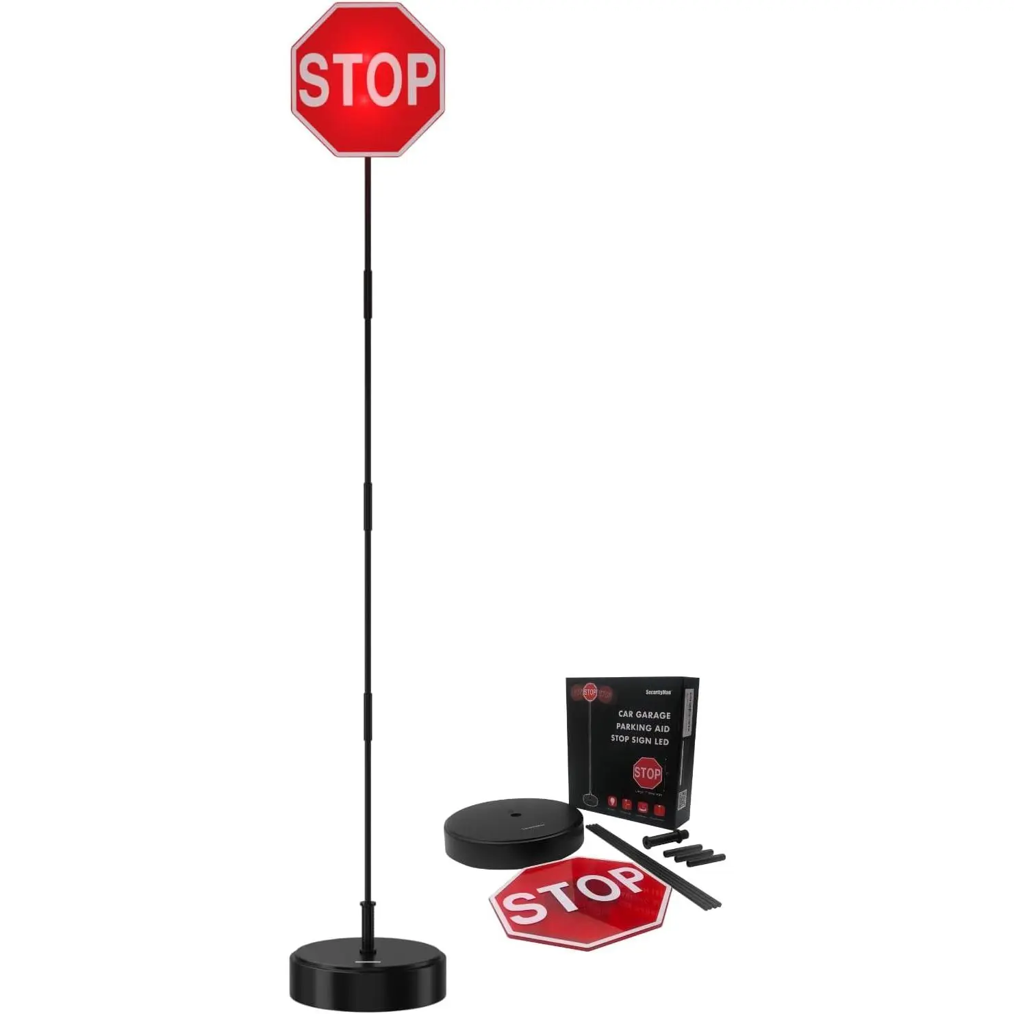 Garage Parking Aid with LED Stop Sign [Upgraded Base] - Large 7" Sign, Bright Red LEDs, Adjustable Height - Garage  Stopper & Parking Assist