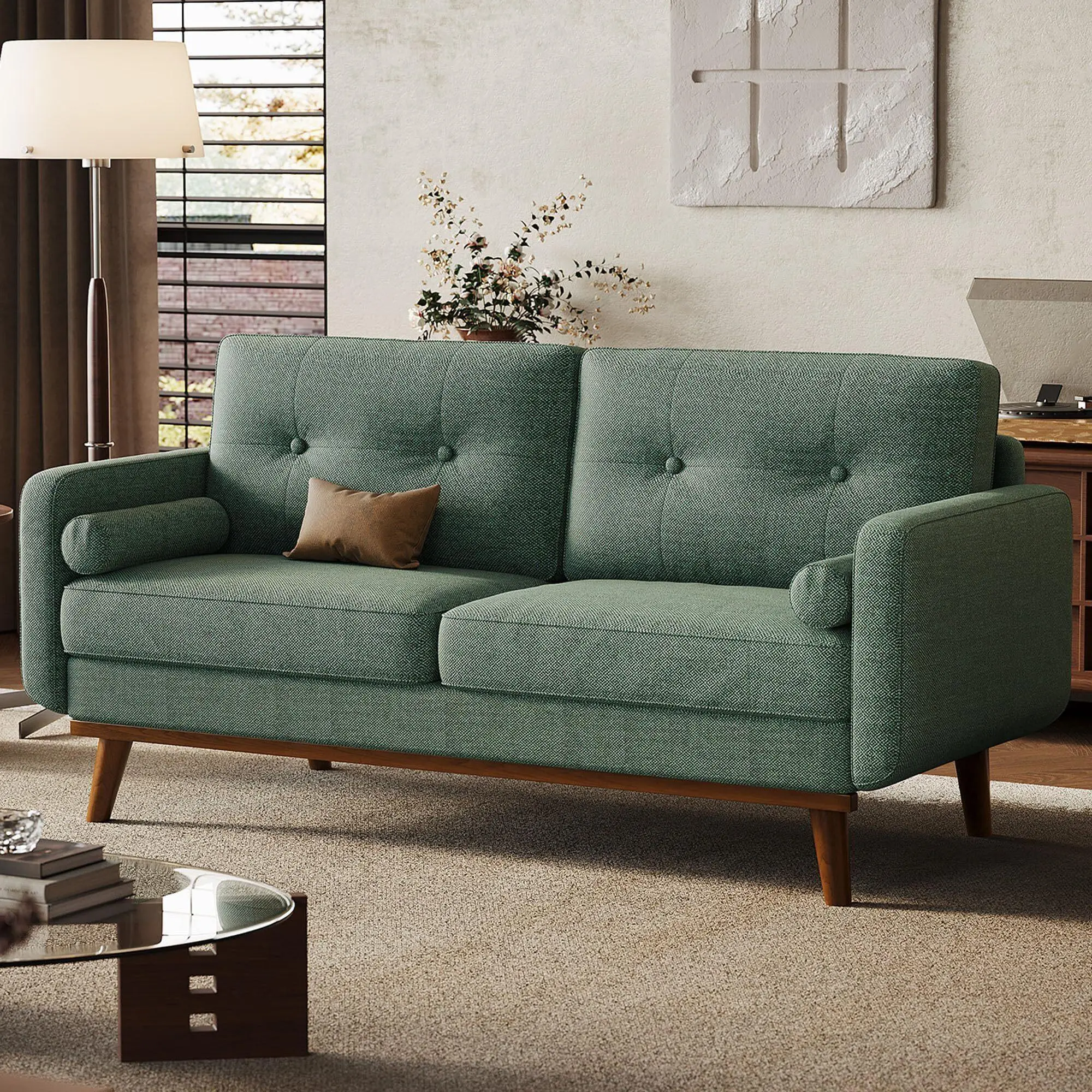 65" Mid Century Modern Loveseat Sofa for Small Spaces, 2 Seater Linen Upholstered Couch , for Living Room, Bedroom, Office, Apartment,Green