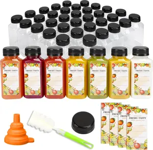 45pcs 8oz Plastic Juice Bottles with Black Caps Empty Reusable Clear Bottles with Label, Funnel and Brush Beverage Containers Bulk with Lids for Juicing, Smoothies, Fridge