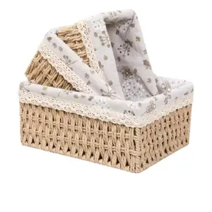 Three-Piece Woven Storage Basket Set, Floral Fabric Lining Lace Trim, Nesting Organizing Baskets, Bohemian Style Bathroom Bedroom Desktop Decor