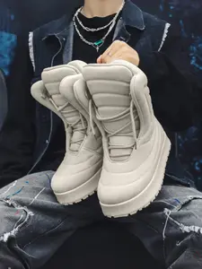 Men's Trendy High-Top Thick Sole Round Toe Boots, Comfortable Street Style, Mid-Calf Design, Pure Color Versatile, Perfect for Daily Wear