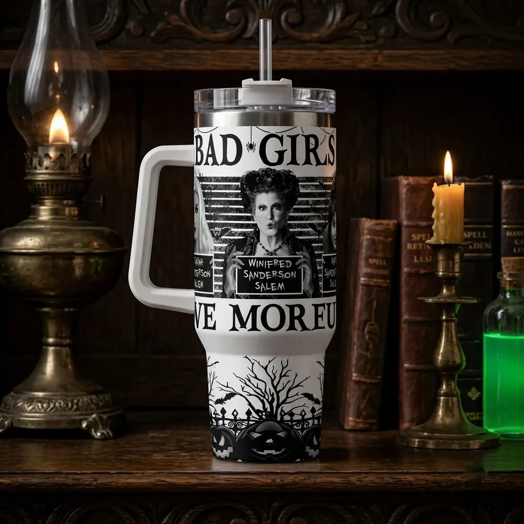 Hocus Pocus Winifred Sanderson 40oz Tumbler with Handle and Straw, Halloween Witch Insulated Stainless Steel Travel Cup, Salem Gothic Reusable Mug, Spooky Gift for Hocus Pocus Fans