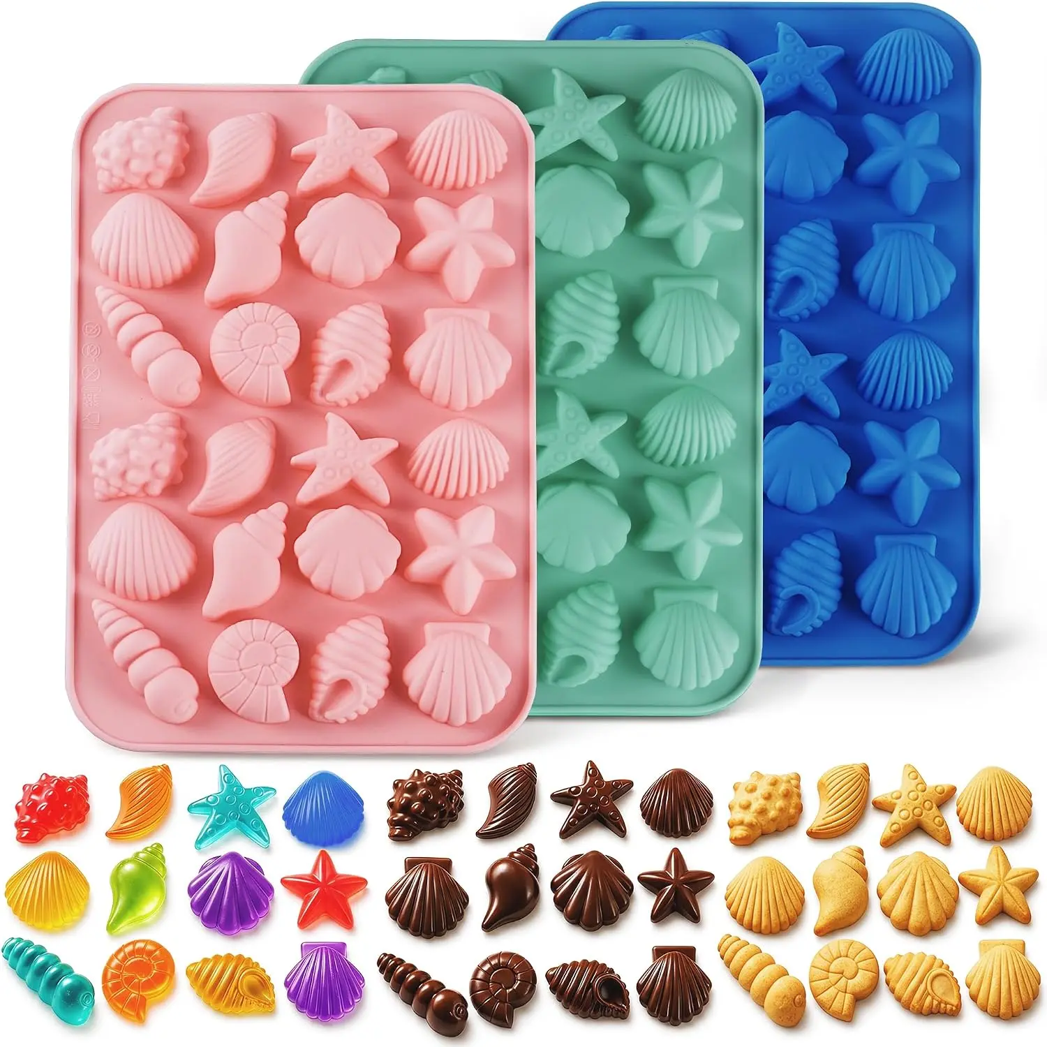 3Pcs Seashell Chocolate Molds, Ocean Themed Cake Baking Molds for Candy Fondant, 24-Cavity Silicone Mold for Cookies, Cupcake Toppers and DIY Cake Decorating