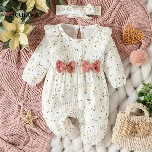 Baby Girl 2Pcs Fall Outfits Long Sleeve Bow Front Jumpsuit with Headband Set Infant Clothes