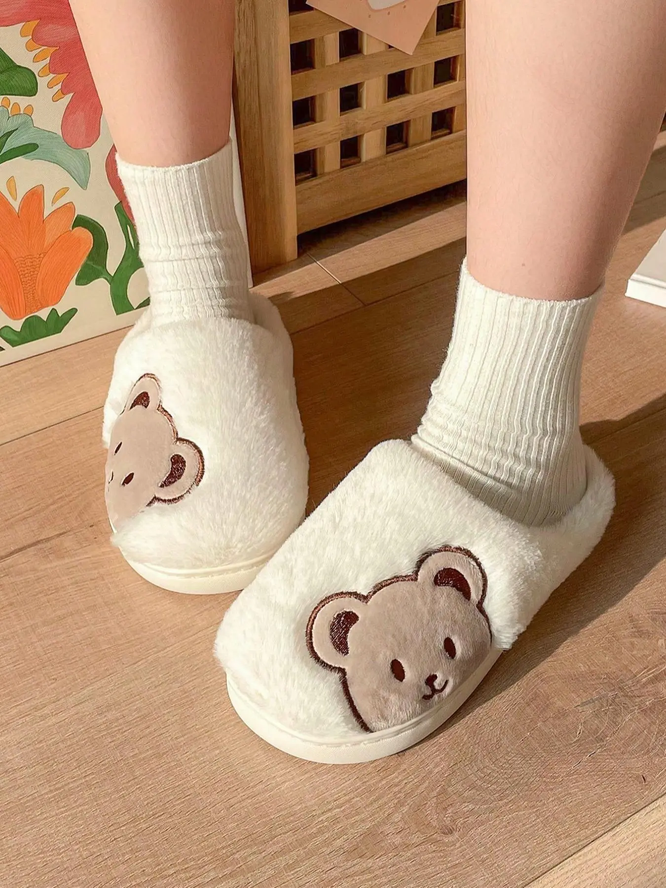 Women's Fall Winter Plush Bear Slippers, Non-Slip Warm Indoor Shoes, Cartoon Pattern, Fabric Upper, Rubber Sole, Less Than Ankle Height, Warm Indoor Footwear