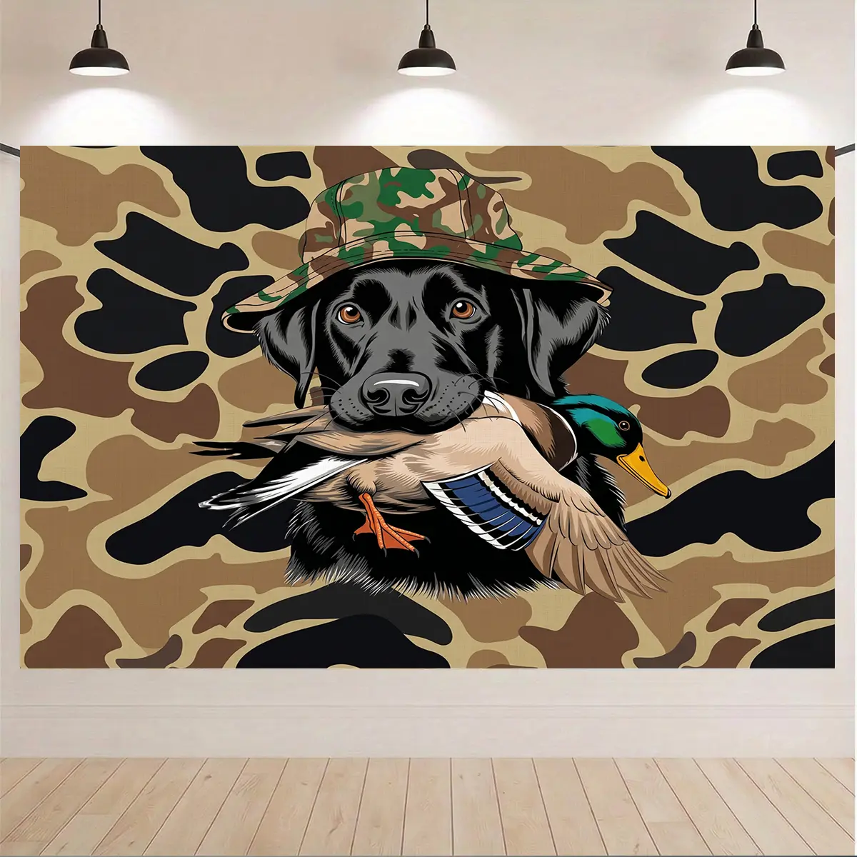 Camo Hunter Dog Print Polyester Photo Tapestry Wall Mural - Lightweight, Glueless, Durable Decorative Duck Hunting Man Cave Home Decor Supplies