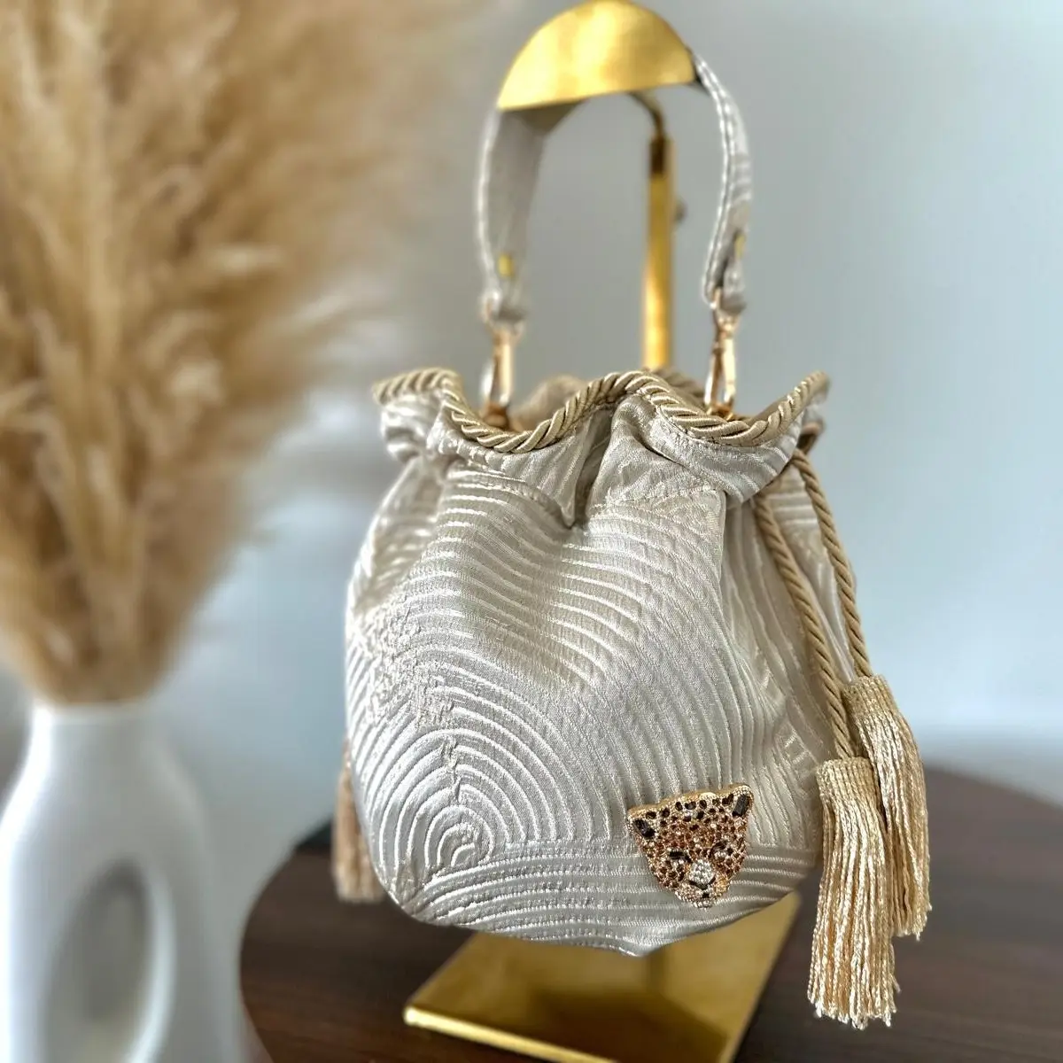 Bucket Bag for Women, Handmade Gold Handbag, Luxury Artisan Purse, Unique Ethical Gift, Small Boho Bag.