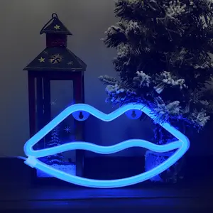 Lip Shaped Neon Signs, Blue LED Lips Sign Lights Neon Night, USB/Battery Powered Cute Decorative Lights Wall Decor for Bedroom, Living Room, Christmas, Birthday, Wedding Party