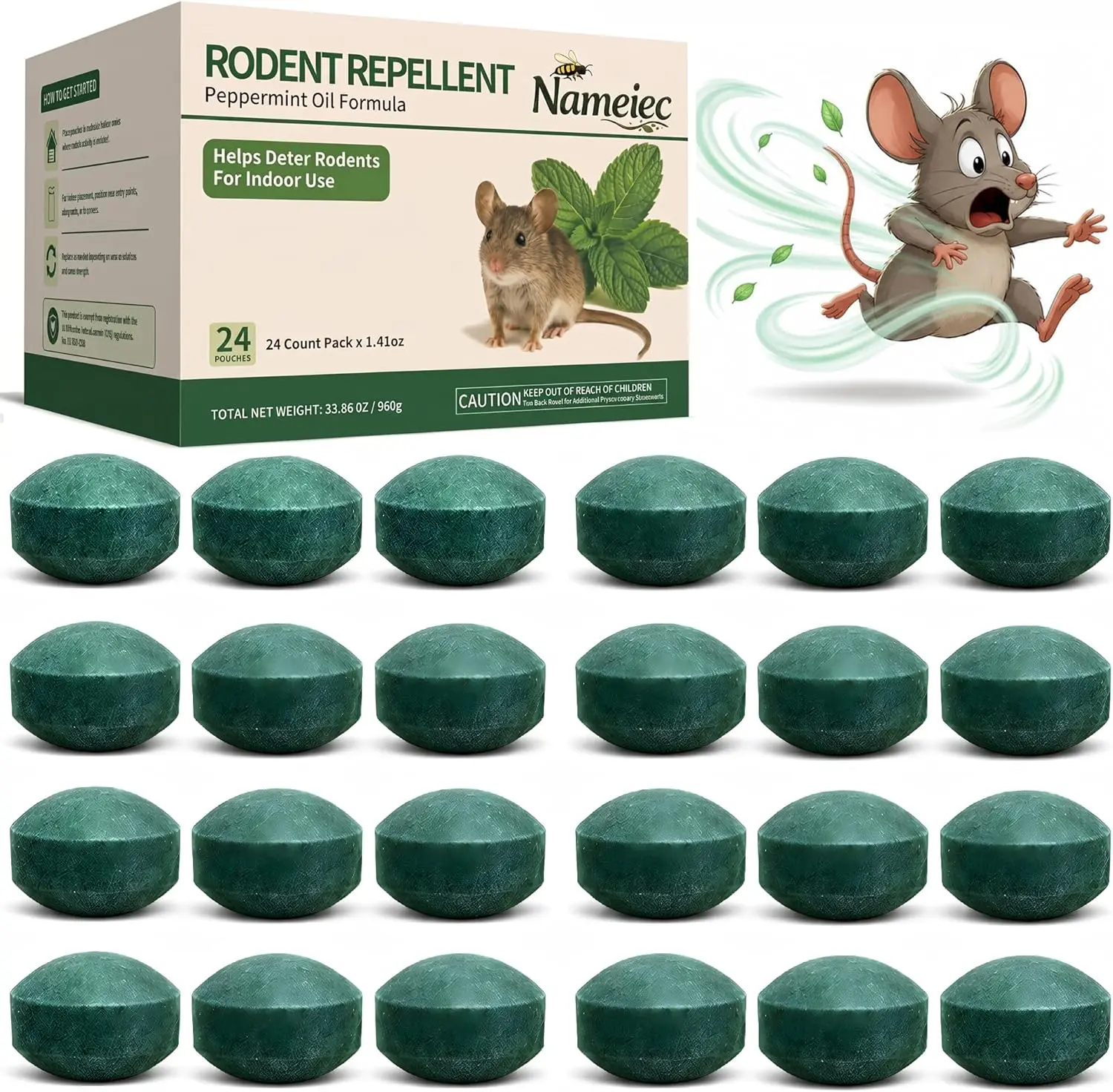 Peppermint Oil Humane Rodent Repellent, 24pc 1.41 Oz Pest Control for Mice, Rats, Ants, Roaches, Spiders, Squirrels, Easy-to-Use 1-Month Protection for Homes/Garage, Indoor & Outdoor Use