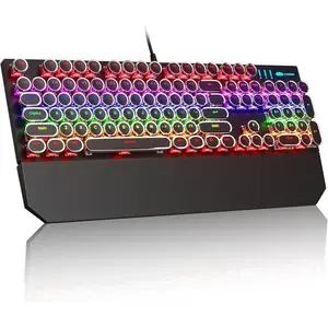 MageGee Typewriter Mechanical Gaming Keyboard, Retro Black Punk Round Keycaps RGB Rainbow Backlit Wired Keyboards for Laptop MAC PC Gamer, with Magnetic Wrist Rest - Blue Switch