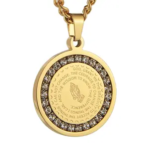 HZMAN Bible Verse Prayer Necklace Christian Jewelry Gold Stainless Steel Praying Hands Coin Medal Pendant