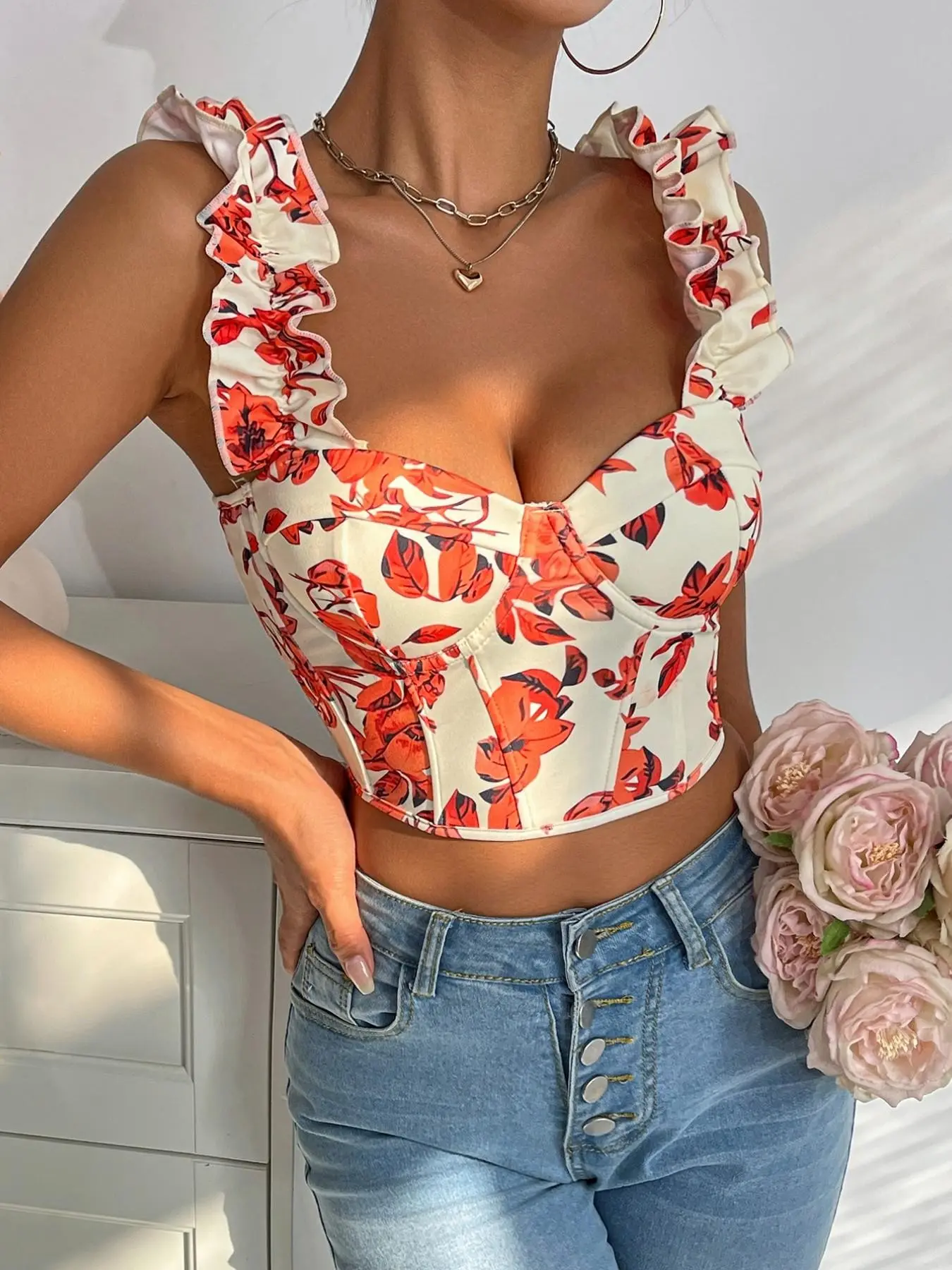 Women's Flowy Floral Print Cropped Top with Ruffle Shoulder Straps and Backless Design, Elegant Fit for Date Night and Outings, Perfect Gift for Girlfriend