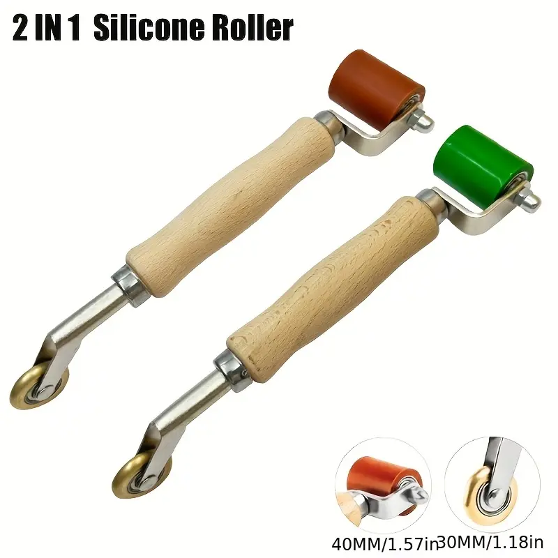 Dual-Head Heat-Safe Roller Tool, 40x30mm Silicone Teflon Brass Wheel, 30mm/1.18in High-Temperature Resistant Waterproof PVC, Wooden Secure Grip Handle for Hot Air Gun, Wallpaper Application