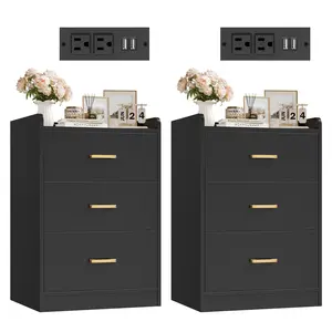 FOTOSOK Nightstands Set of 2 Black Nightstand with Charging Station, 3 Drawer Nightstand with Gold Handles, Side Table for Home Office