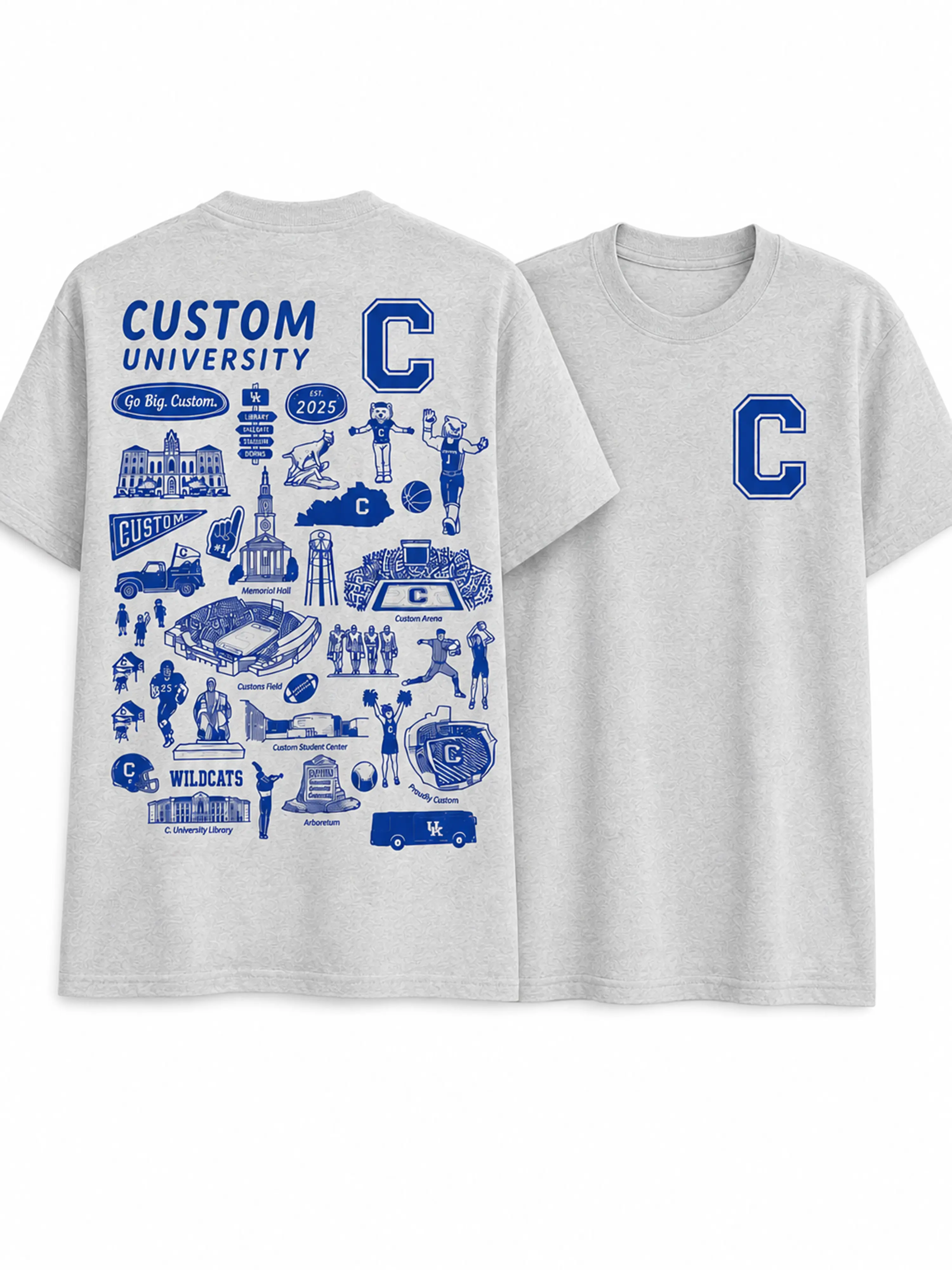 Custom University Hand Sketched Shirt - Ash Grey, Personalized College Shirt, Game Day Outfit, Gift for Fans, Menswear & Womenswear