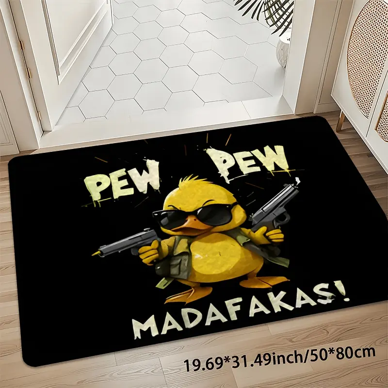 Funny Yellow Duck with Gun Pew Pew Slogan Door Mat, Front Door Mat for Entryway, Velvet 8mm Thick Non-Slip 850gsm Welcome Mat, Non Slip Rug, Machine Washable Soft Durable Carpet for Kitchen Living Room Bedroom Office Outdoor Porch Home Decor Area