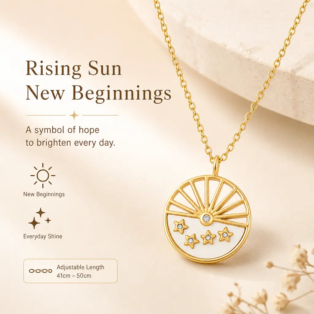 Women's Gold-Tone Symbolic Artificial Gemstone Pendant Necklace - Celestial Sunrise Star Disc or Sculptural 4-Petal Teardrop Charm, Minimalist Everyday Gift Jewelry