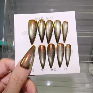 Holographic Chrome & Cat eye Stiletto Handmade Press On Nails Color Gold Green red purple blue