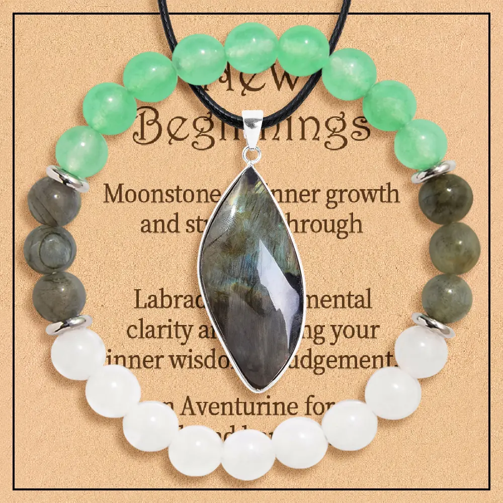 2PCS/Set Natural Labradorite Gemstone Pendant and Crystal Bracelet for New Beginnings Healing Crystals Crystal Huggie Hoops Healing Gemstones Breakup Gift Divorse New Home