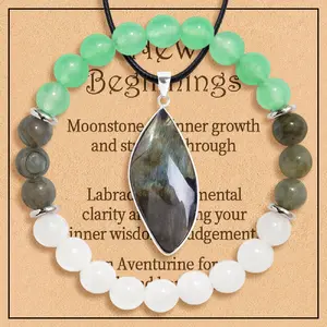 2PCS/Set Natural Labradorite Gemstone Pendant and Crystal Bracelet for New Beginnings Healing Crystals Crystal Huggie Hoops Healing Gemstones Breakup Gift Divorse New Home