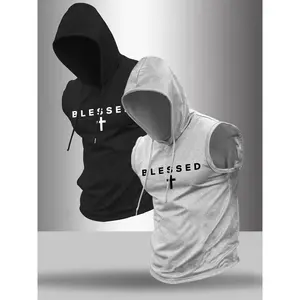 Men's 2-piece letter cross printed hooded sleeveless design T-shirt, casual and comfortable hooded vest, summer outdoor fitness suit, sports fashion sportswearRAIMENTRY