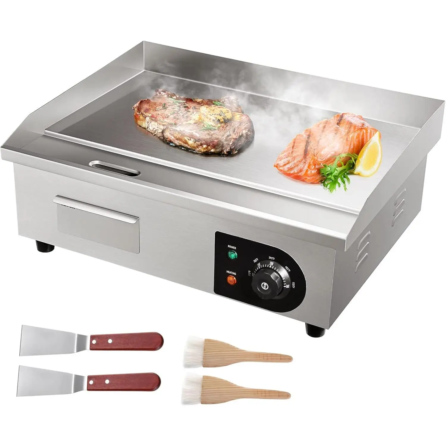 VEVOR Commercial Electric Griddle, 22", 1600W Countertop Flat Top Griddle, Stainless Steel Teppanyaki Grill w/Iron Cooking Plate, 122-572 ℉   Adjustable Temp Control 2 Shovels & Brushes, 110V
