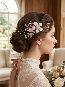 Flower Leaf Artificial Pearl Hair Comb, Bride Wedding Headpiece, Vintage Forest Style Hair Accessory