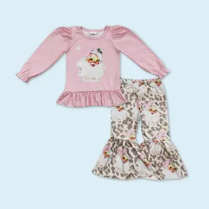 Long sleeve pink Santa Claus top bell bottoms pants baby girls Christmas outfit
