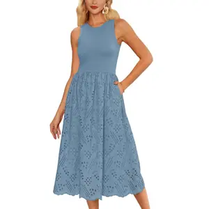 Grace Karin Women Contrast Fabric Mid-Calf Dress Sleeveless Crew Neck Flared A-Line Dress