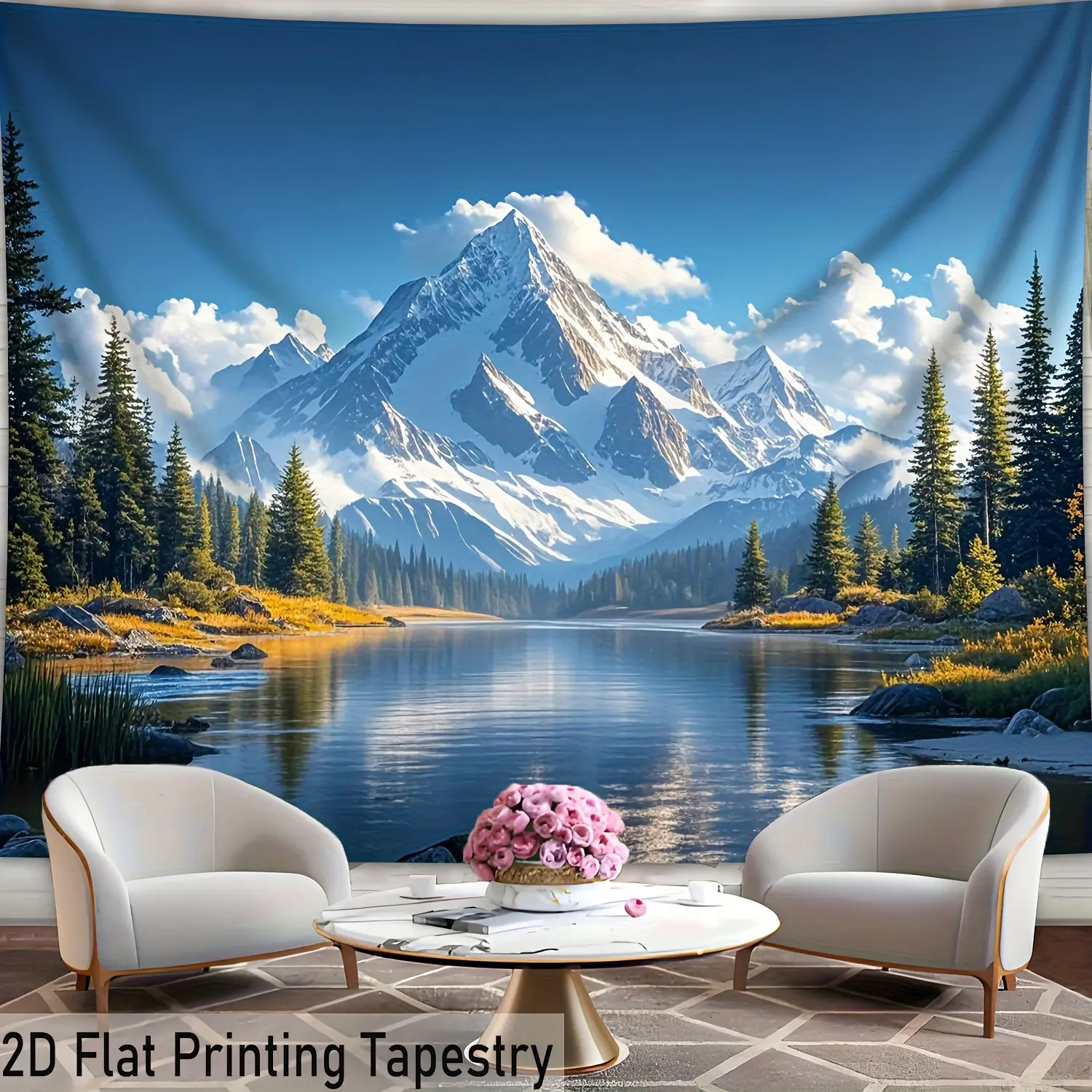 1pc Large Snowy Mountain Lake Forest Tapestry - Polyester 2D Flat Printing Wall Hanging, Serene Landscape with Sunlit Peaks & Tranquil Water, Perfect for Living Room, Bedroom, or Dorm Decor, Includes Free Hanging Clips, Mountain Wall Art