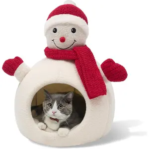 Christmas Cat Bed - Christmas Snowman Cat Bed for Indoor Cats, Cute Snowman Cat Beds with Warm Cushions Removable Cave with Non-Slip Cushioned Bottom for The Holidays Christmas Pet Tree Bed
