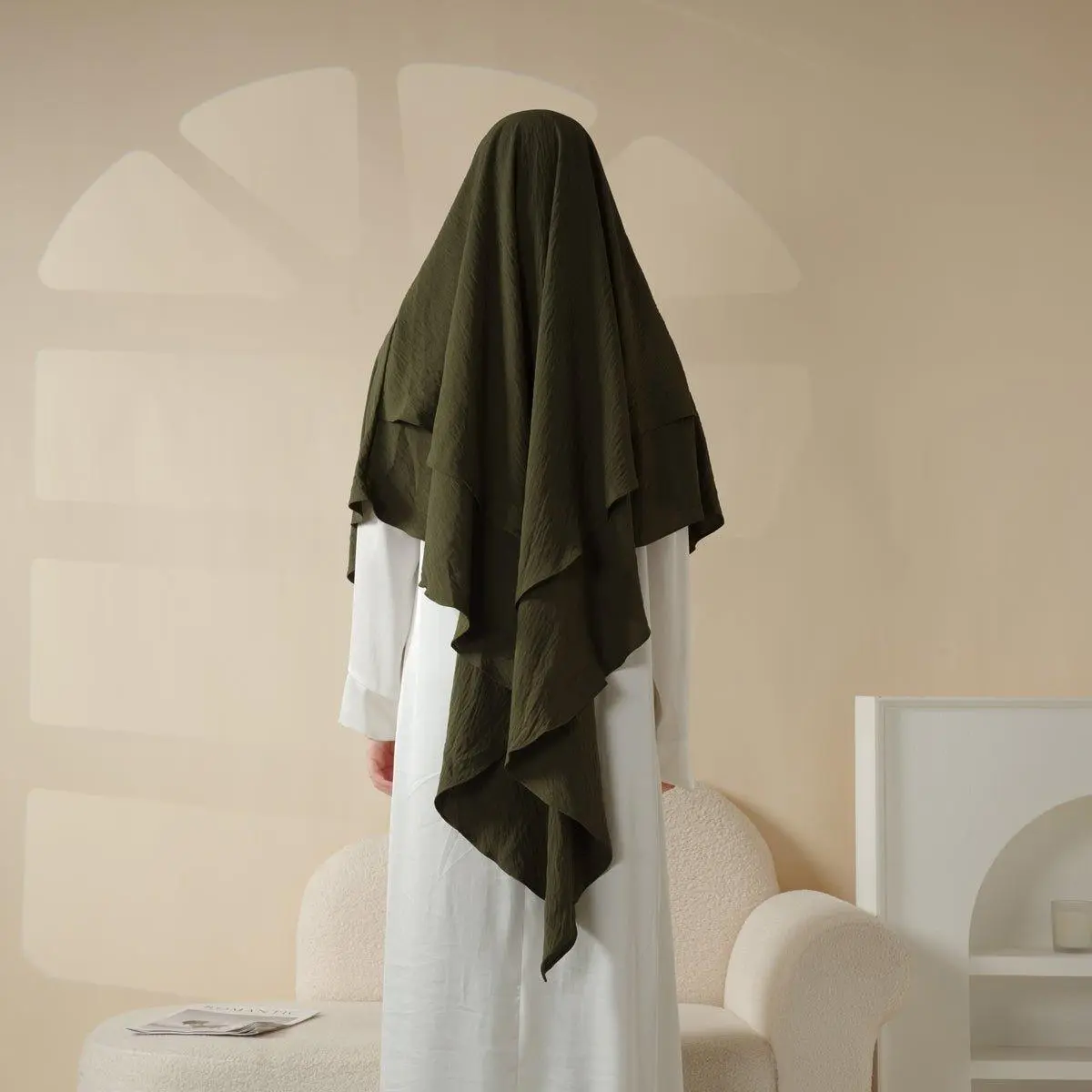 Women's Modesty 2-Layer Solid Color Crepe Khimar with Niqab - Instant Layered, Court Length, Casual Women's Clothes, Ample & Full Hijab Coverage for Muslim Weddings (MK010), Muslims, Ample Coverage