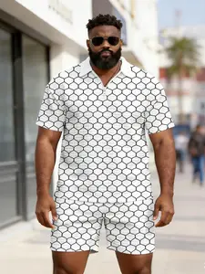 Men's Honeycomb Waffle Texture Polo Set, Large Size Zipper Top, Summer Casual Daily Wear Two-Piece