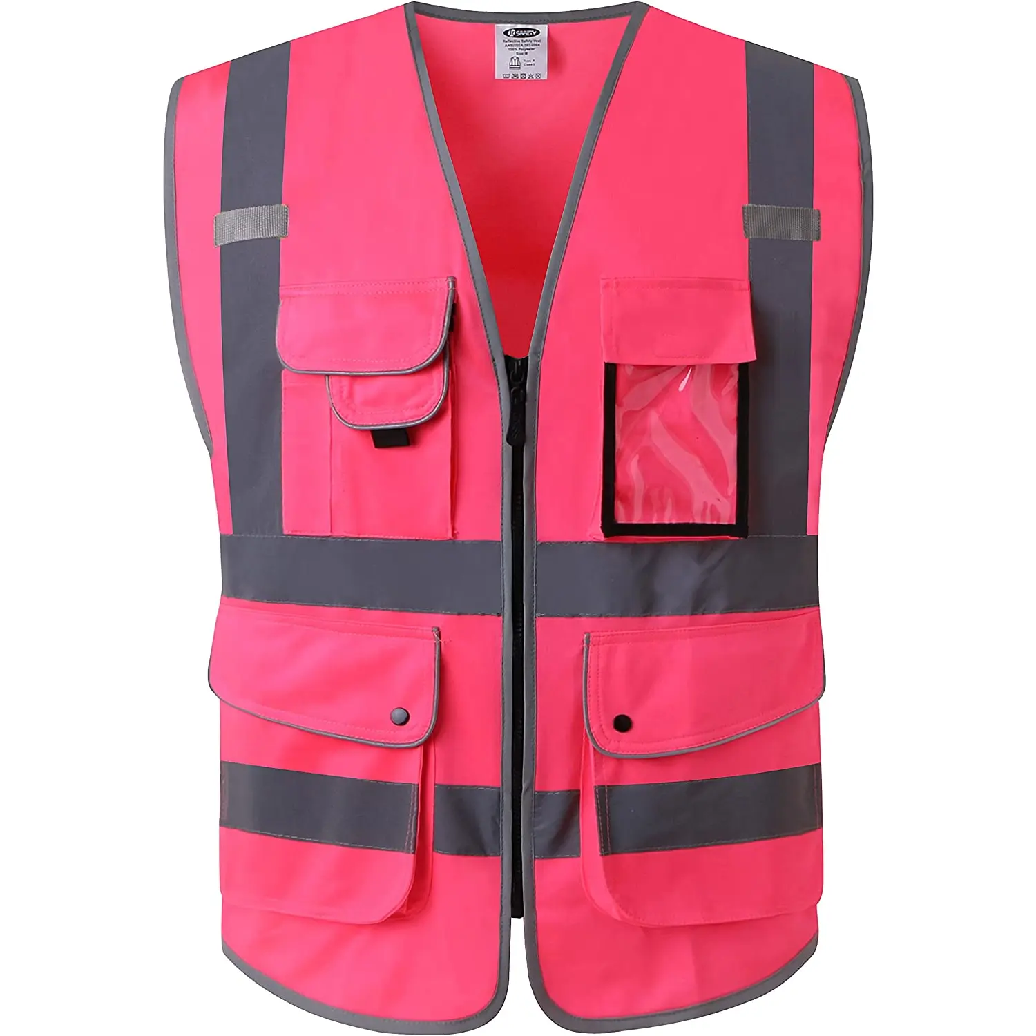 9 Pockets Class Pink vest Visibility Zipper Front (Large, 150-Pink) JKSafety