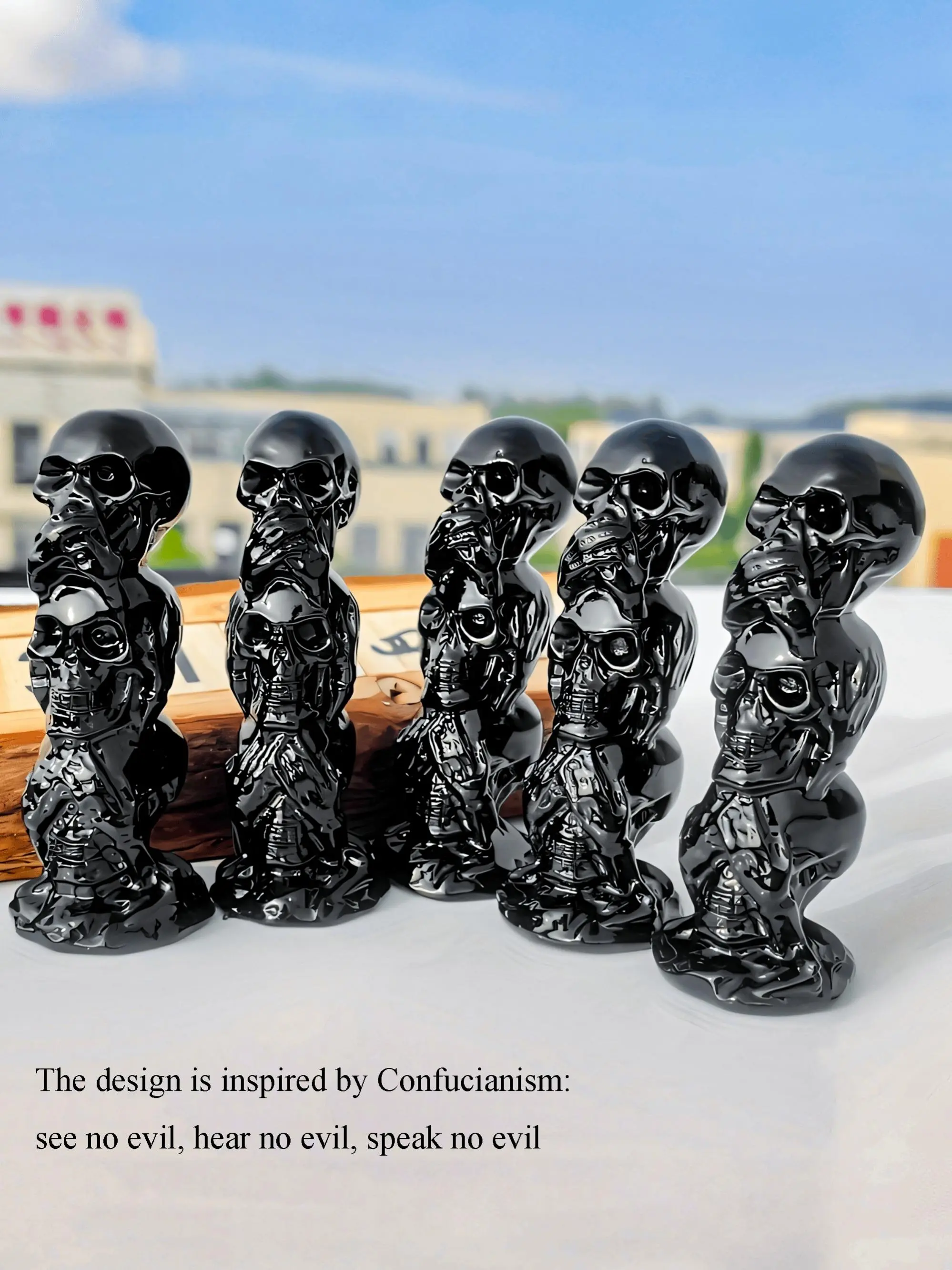 Skull Tower Figurine, 1 Count Exquisite Crystal Obsidian Three Skull Tower Ornament, Unique Handmade Crafts Decorative for Halloween, Party and Home Decoration