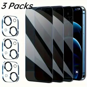 3-Pack Tempered Glass Film for iPhone 16/15 Series, 9H Hardness Screen Protector with Camera Lens Protector and Privacy Protection, Smartphone Accessories