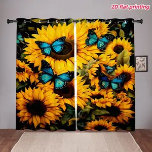 2D Flat 2Pcs 2-piece, artistic sunflower and butterfly print curtain panel, vibrant floral design, with loop, perforated, Grommet Curtains, semi sunshade polyester fiber, suitable for home living room, bedroom, balcony, kitchen, study shower window de