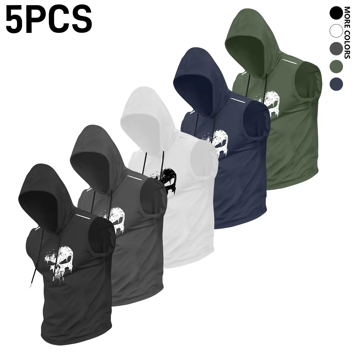 3-Pack Men's Skull Print Sleeveless Hoodie, Casual Elastane Male Clothing for Gym Workouts, Flexible Men's Wear
