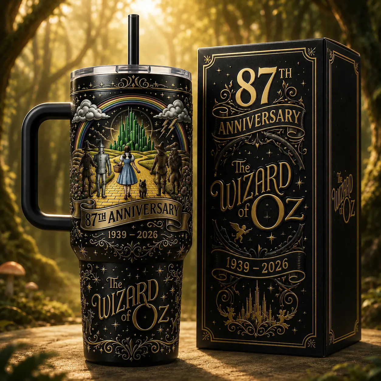 The Wizard of Oz 87th Anniversary 40oz Tumbler with Handle and Straw, 1939–2026 Emerald City Travel Cup, Yellow Brick Road Movie Gift, Insulated Stainless Steel Mug