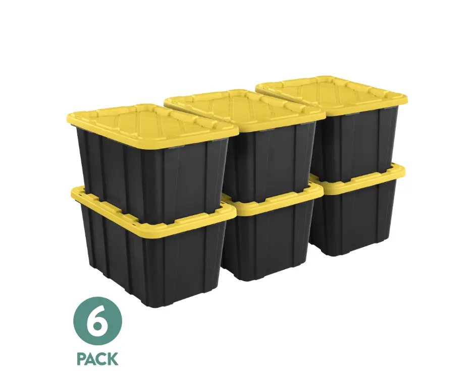 Sterilite Large Storage Bin, 27 Gallon Durable Plastic Storage Tote with Snap-On Lid, Black and Yellow, 6 Pack