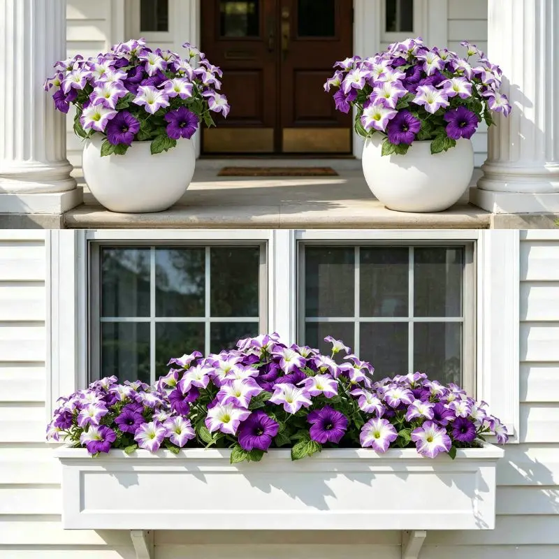 5-Bundles UV-Resistant Decorative Silk Artificial Flowers Bouquet - Purple White Faux Petunias with Wooden Roses, Outdoor Decor Centerpiece for Patio, Juneteenth, Canada Day Decoration